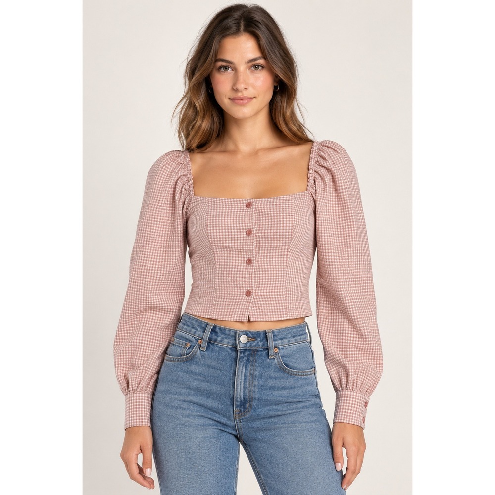 Lulus Womens XS Pink Gingham Square Neck Puff Sleeve Crop Top NWT